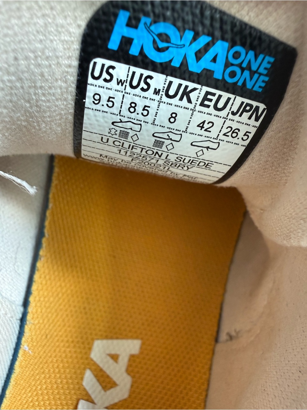 Hoka Clifton L men size 8.5 Beige Suede Athletic Sneakers with Yellow Accent - Picture 8 of 14